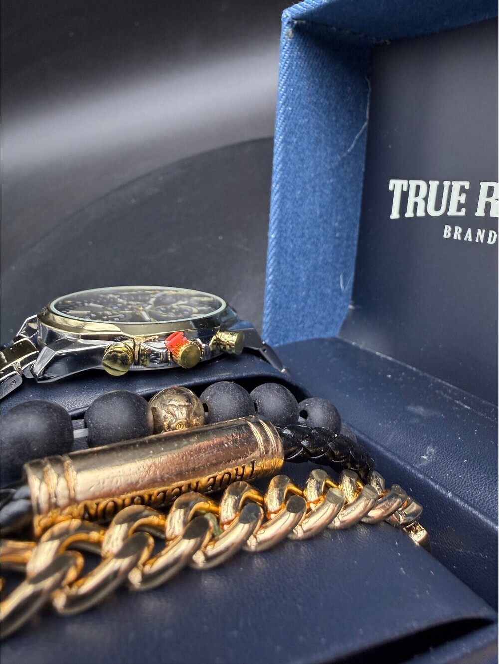 True Religion Black Gold Watch & 3 Bracelet Set w/ Box - Picture 2 of 7